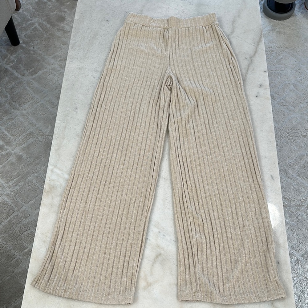 Beige Ribbed Wide-Leg Pants
